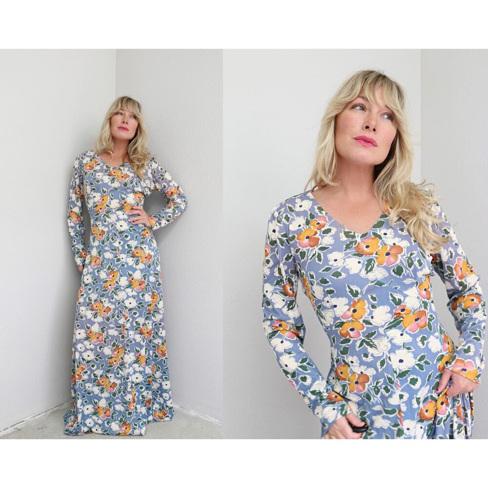 1970's Vintage Cornflower Floral Empire Waist Print Maxi Dress ~ Women's MD LG